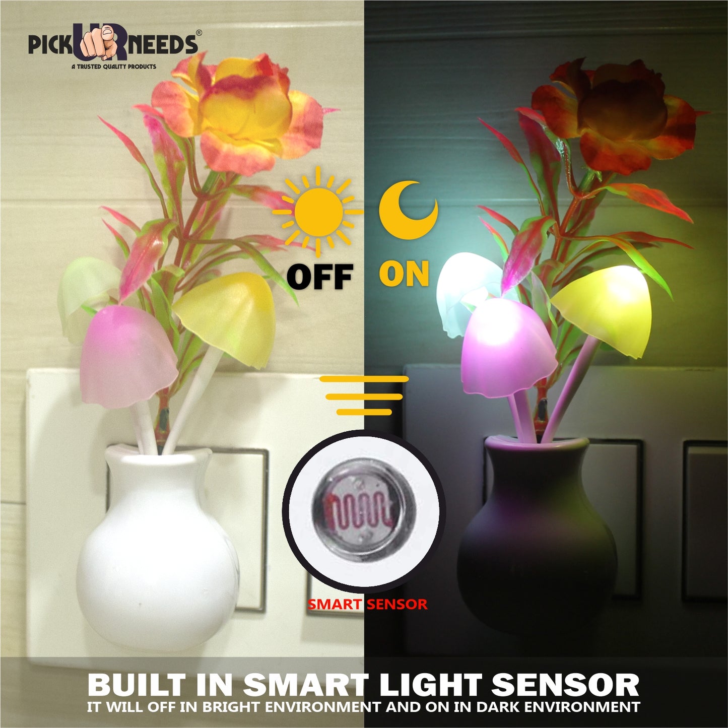 Pick Ur Needs® Auto On/Off Color Changing Sensor LED Night Light Mushroom Lamp Plug-in