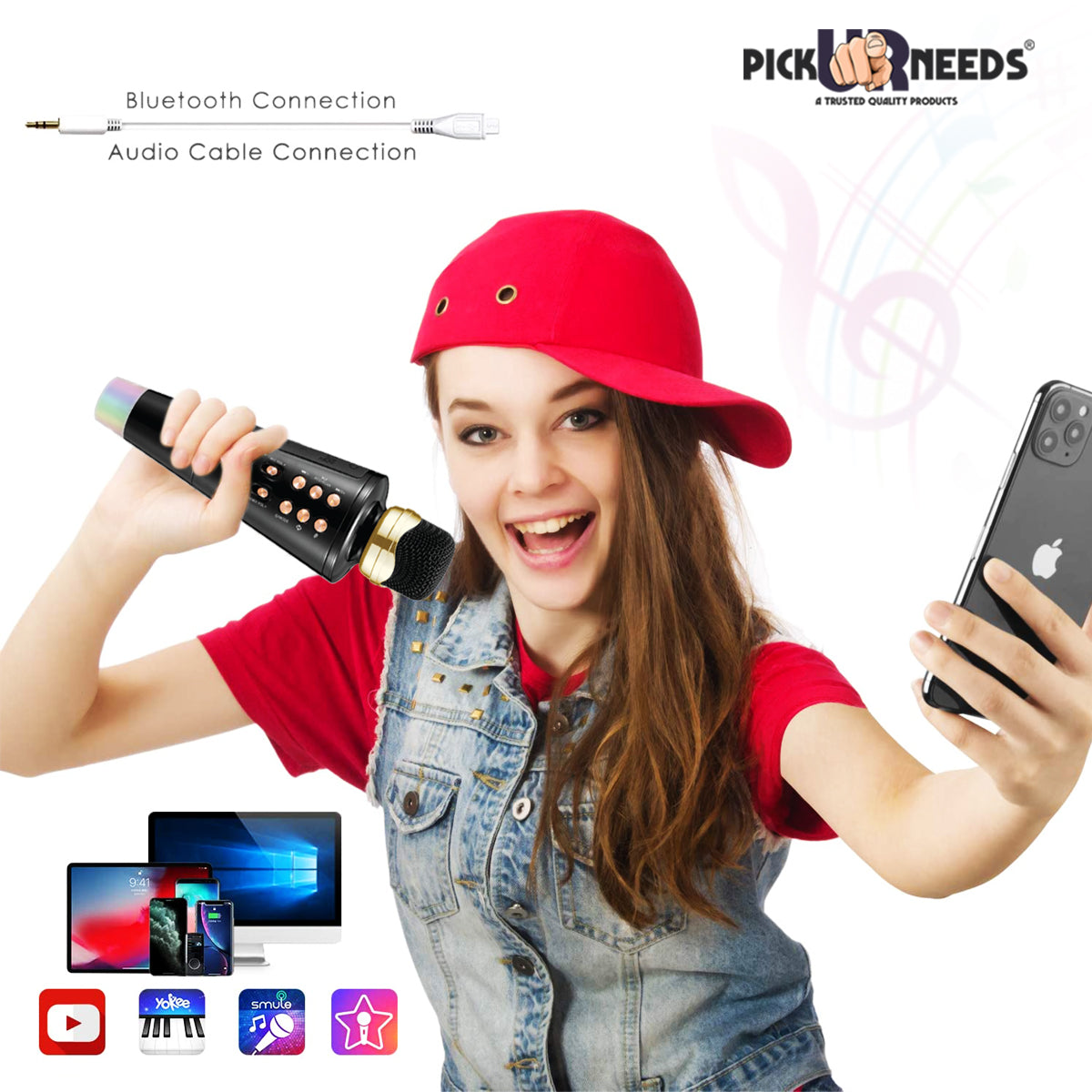 Pick Ur Needs 2 in1 Karaoke Microphone & Bluetooth Speaker with LED Light Wireless Connection Player with Recording + USB+FM